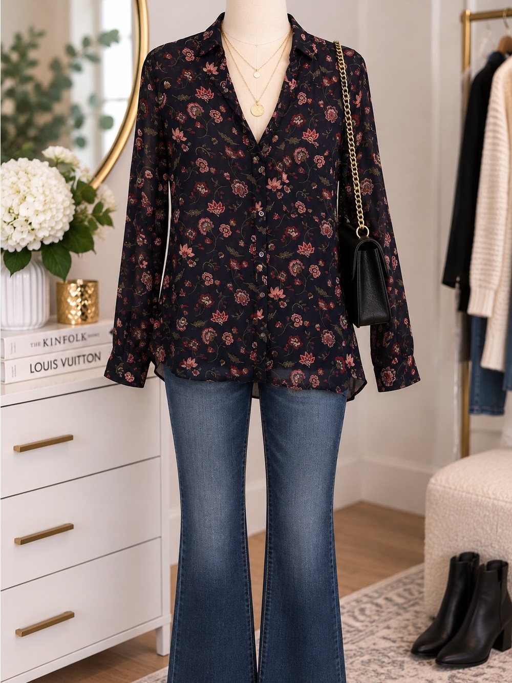 Hollister Dark Navy Blue Floral Blouse